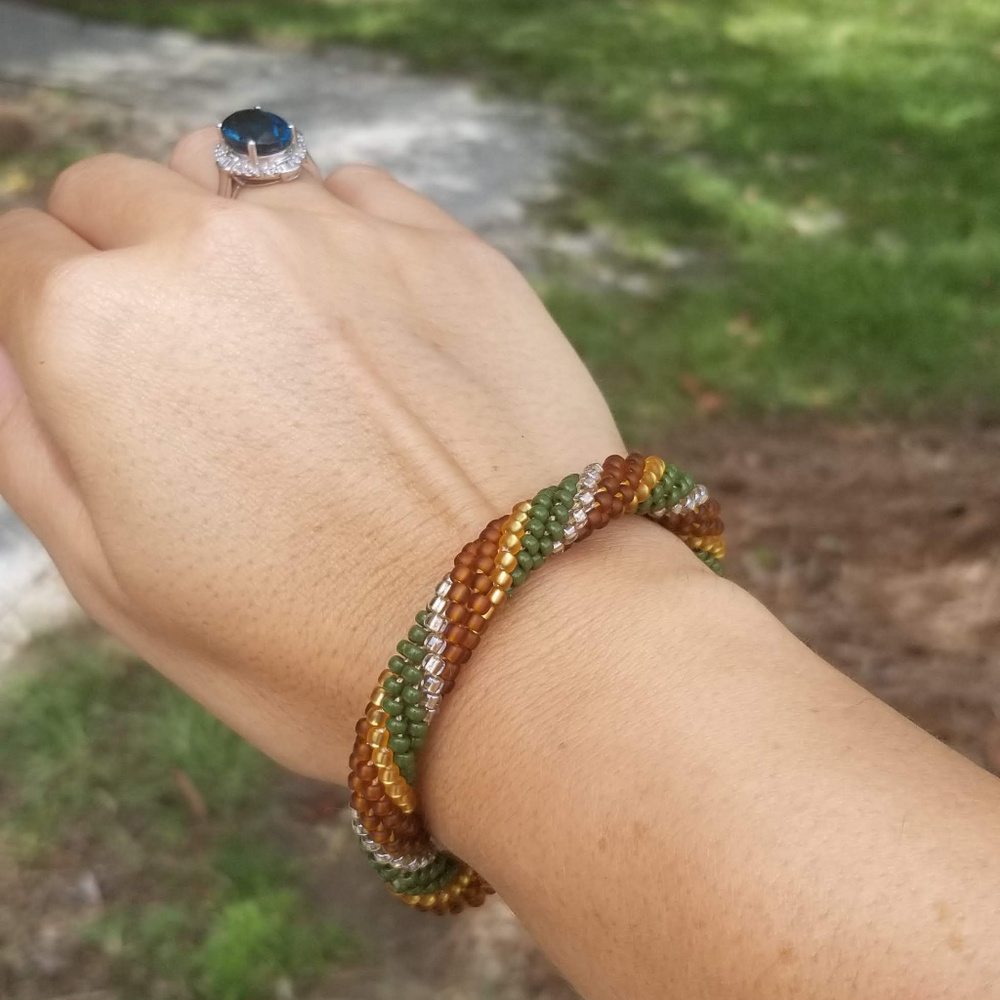 Brown/Green/Gold Beaded Crochet Bracelet